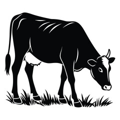 A clean black silhouette of a Jersey Cow Grazing isolated on a white background