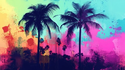 Colorful painting of tropical palm trees.