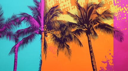 Colorful palm trees against vibrant background.