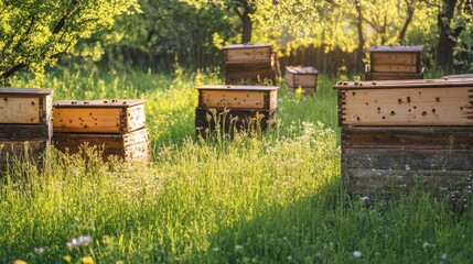 A scenic view of wooden beehives meticulously arranged in a flourishing lush green garden, highlighting the beauty of nature, pollination, sustainable beekeeping practices in an ecological environment