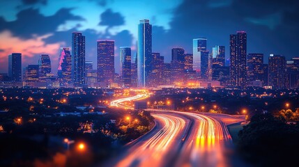 A vibrant city skyline at dusk with illuminated buildings and traffic on a highway.
