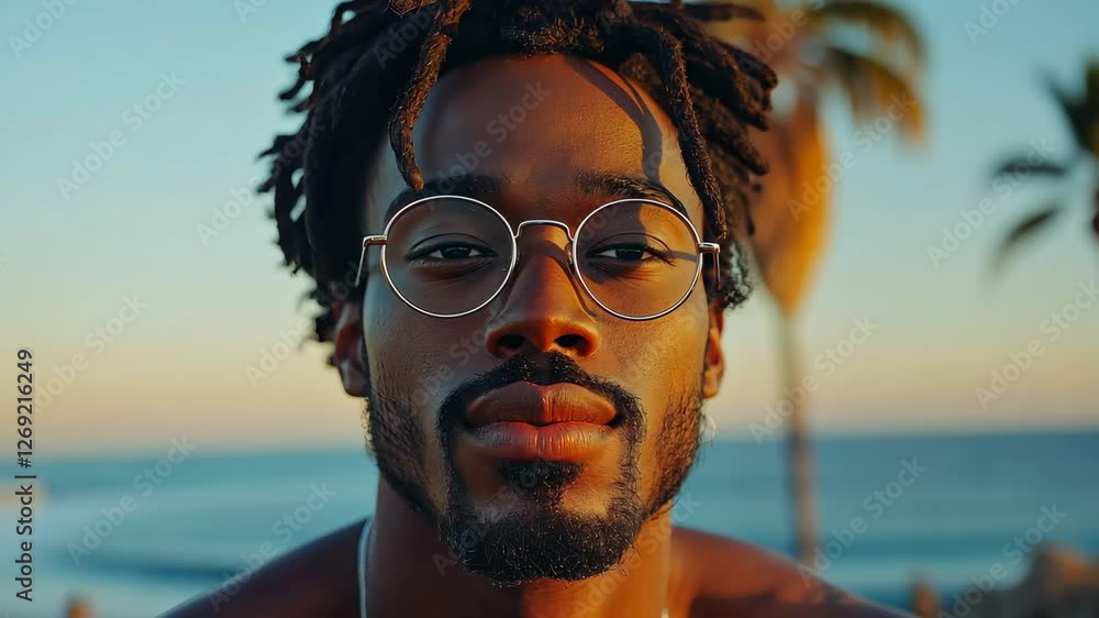 Poster man with glasses and a beard is standing in front of a palm tree. the image has a relaxed and casual
