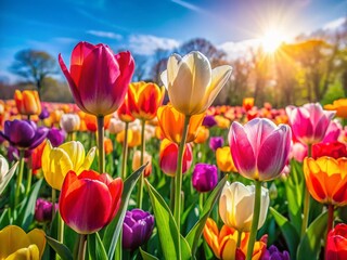 Obraz premium Springtime Delight: Vibrant Tulips Blooming Under Sunny Skies
