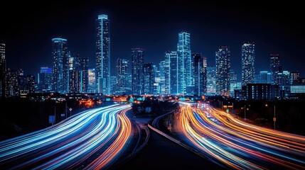Fototapeta premium A vibrant city skyline at night with light trails from moving vehicles.