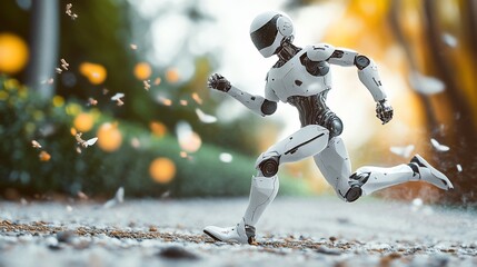 Futuristic robot running outdoors, blurred background.