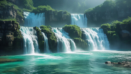 Fototapeta premium crystal clear waterfall flowing through a lush forest