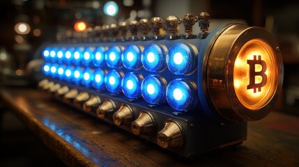 Bitcoin LED light art on wood, steampunk style background