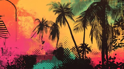 Colorful tropical palm trees artistic background.