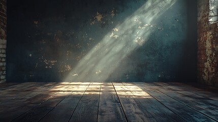 Rustic room, sunlight, wooden floor, grunge wall, product display