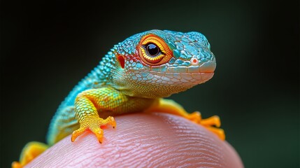 Obraz premium Green lizard on the finger, high-resolution stock photography, high-definition realistic photography, highly detailed 