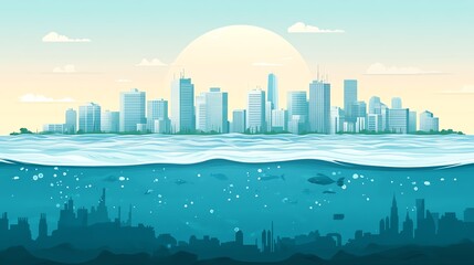 A stunning digital illustration showing a city skyline above and aquatic life below the ocean surface at sunset.