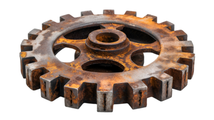 Rustic Metal Gear Wheel Vintage Industrial Cog, Rusty Brown Design for Retro Themes, isolated on transparent background.