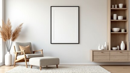 Scandinavian Living Room Poster Frame Mockup in a Modern Interior Setting for Stylish Home Decor