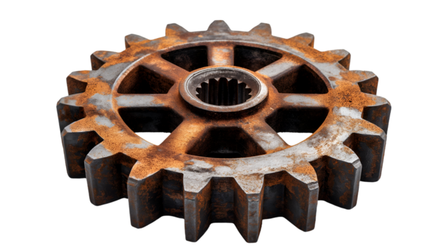 Vintage Metal Gear Wheel Rusty Industrial Cog, Antique Iron for Retro Design, isolated on transparent background.