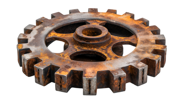 Rustic Metal Gear Wheel Vintage Industrial Cog, Rusty Brown Design for Retro Themes, isolated on transparent background.