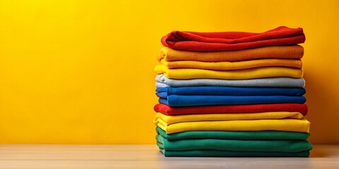 Stacked Colorful Clothes Apparel Fashion Yellow Background Studio Shot