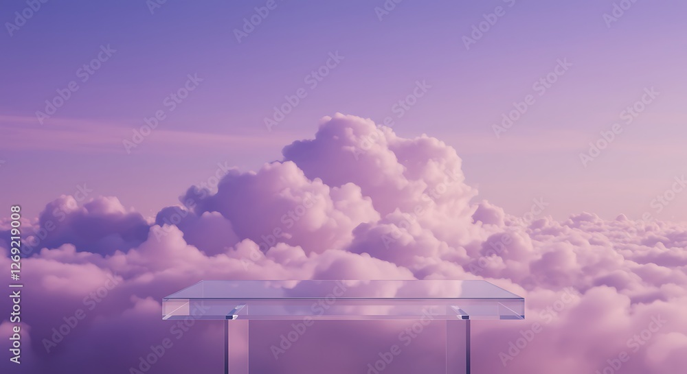 Poster front view of transparent podium with blank space in purple gradient cloudy sky background abstract
