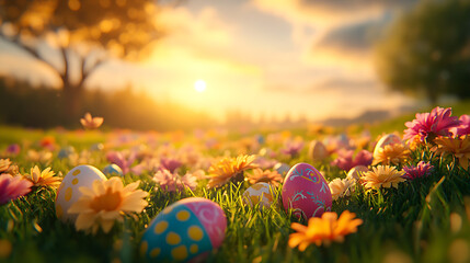 A serene Easter background with a lush green meadow. Generative AI