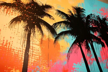 Palm tree silhouettes vibrant colorful background.