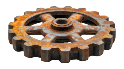 Rusty Metal Gear Wheel Vintage Industrial Cog, Worn Iron for Retro and Antique Themes, isolated on transparent background.