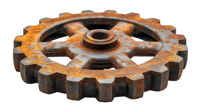 Rusty Metal Gear Wheel Vintage Industrial Cog, Worn Iron for Retro and Antique Themes, isolated on transparent background.