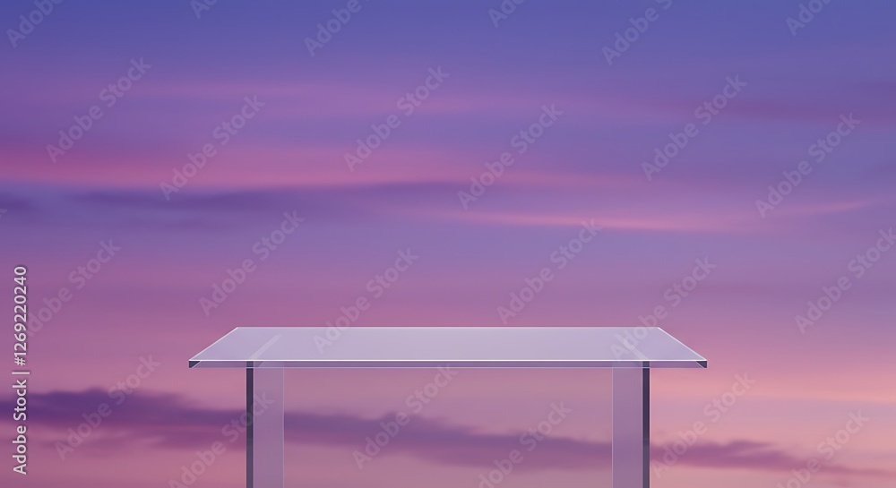 Poster front view of transparent podium with blank space in purple gradient cloudy sky background abstract