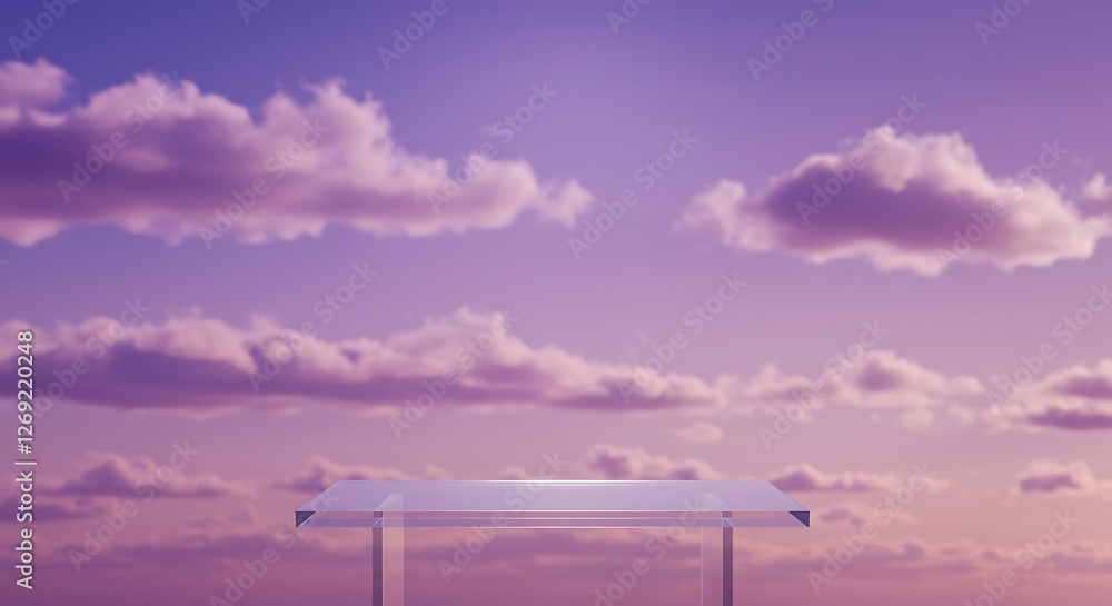 Poster front view of transparent podium with blank space in purple gradient cloudy sky background abstract