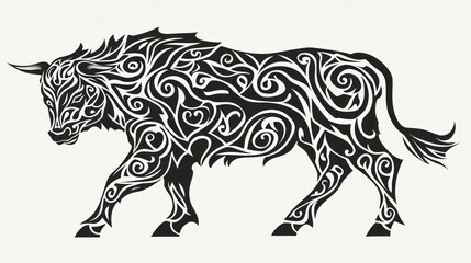 Ornate black and white bull silhouette. Stock photo