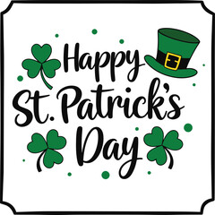 happy st. patrick's day greeting card with shamrocks and leprechaun hat