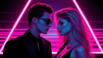 A man and woman in suits face each other under bright neon lights, creating a futuristic vibe.