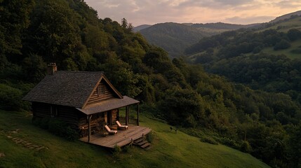 Secluded mountain cabin nestled in a lush green valley at sunset.