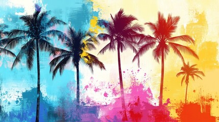 Colorful palm trees painted on vibrant textured background.