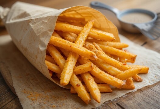 Delicious French fries, crispy and golden, served in a paper envelope