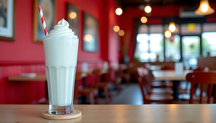 Refreshing vanilla milkshake with striped straw at a vibrant diner - ideal treat for restaurant social media campaign