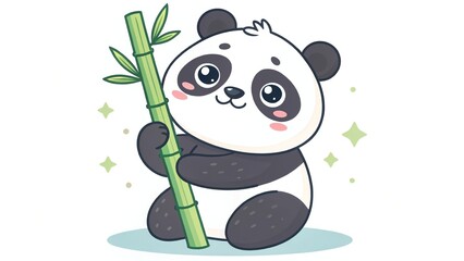 Obraz premium Cute cartoon panda holding bamboo stick.