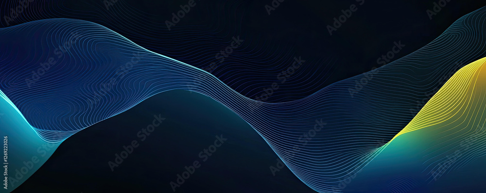 Poster abstract dark background with flowing teal and yellow lines wave pattern design