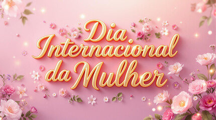 Arte com texto "Dia Internacional da Mulher" em dourado, cercado por flores delicadas em tons de rosa, ideal para celebrações e homenagens femininas.