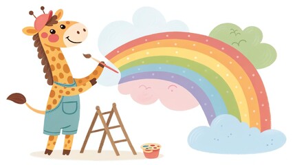 Obraz premium Giraffe painting a colorful rainbow in a playful scene.