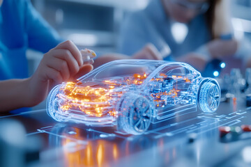 Children assembling digital car model in lab