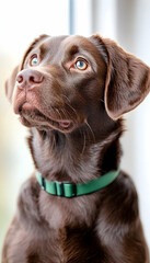 Chocolate Labrador puppy looking up, window background.  Possible stock photo use