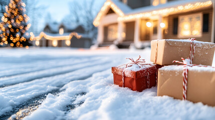 Fototapeta premium Christmas gifts in snow, suburban home