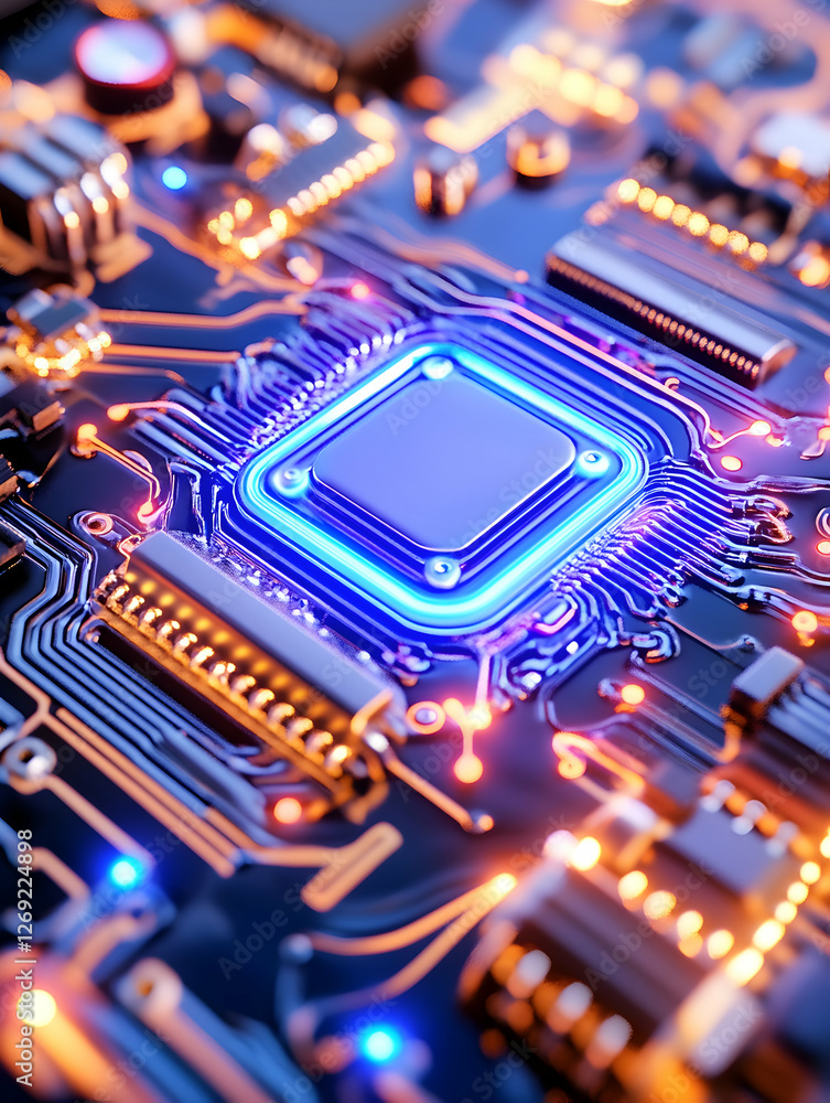 Poster close-up of a glowing computer chip on circuit board. possible use technology education, scientific 