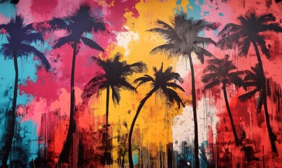 Colorful palm trees painting tropical landscape vibrant.