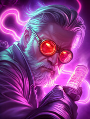 Close-up portrait of a stylized man with glowing accessories.  Possible use for a digital artwork or sci-fi poster
