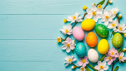 Easter background with Easter eggs and spring flowers. floral background, Beautiful Flowers Photos. Top view copy space