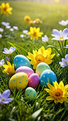 Easter background with Easter eggs and spring flowers. floral background, Beautiful Flowers Photos.