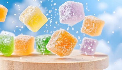 Colorful jelly cubes in mid-air, floating over wooden surface against a sky background.  Possible use food photography