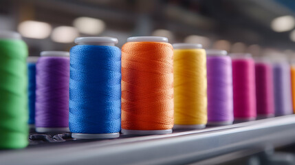 Colorful thread spools on industrial conveyor