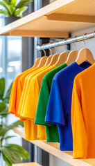 Fototapeta premium Colorful T-shirts on Wooden Shelves, Retail Display, Interior