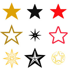 Obraz premium Collection of various vector illustrations of stars in different styles and colours showing unique shapes and designs.